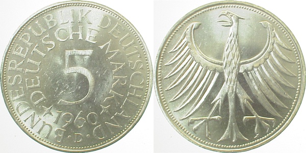 5 DM 1960 D bfr/stgl J387 Erstabschlag