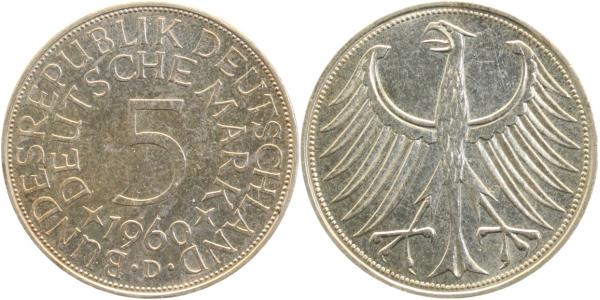 5 DM 1960 D vz/st Erstabschlag J387