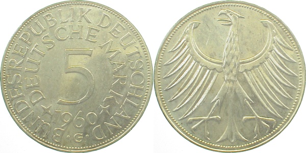 5 Deutsche Mark 1960 G bankfrisch 5 DM Silberadler 1.2