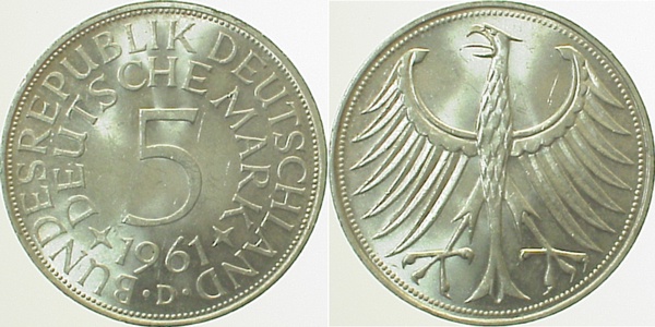 5 Deutsche Mark Silberadler 1961 D fast stempelglanz J387