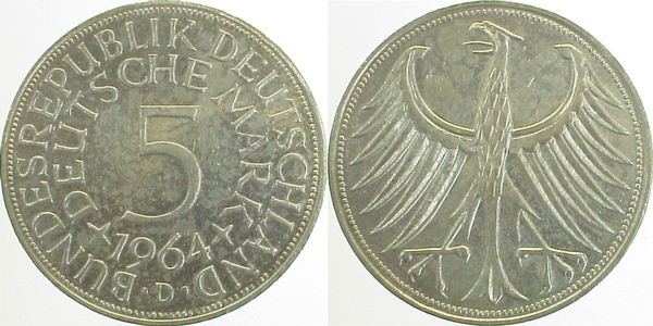 5 DM 1964 D vz/st J387, Erstabschlag, sehr selten