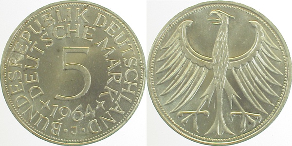 5 DM 1964 J bf/st Herrliche deutliche Ausprägung J387