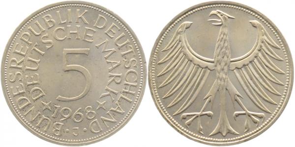 5 DM 1968 J bfr/stgl kleiner Randfehler J387 bfr / stgl 5 DM