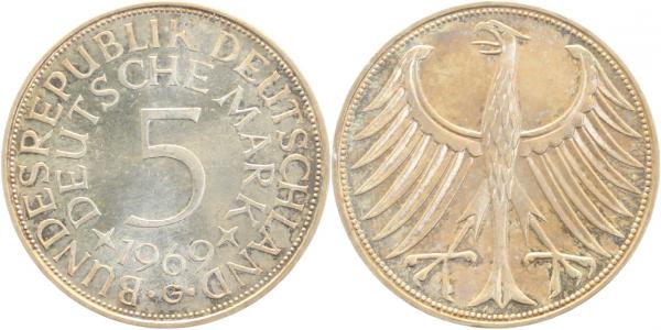 5 Deutsche Mark 1969 G schöne Regenbogenpatina
