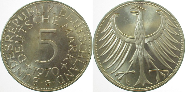 5 DM 1970 G stgl EA stempelglanz Erstabschlag