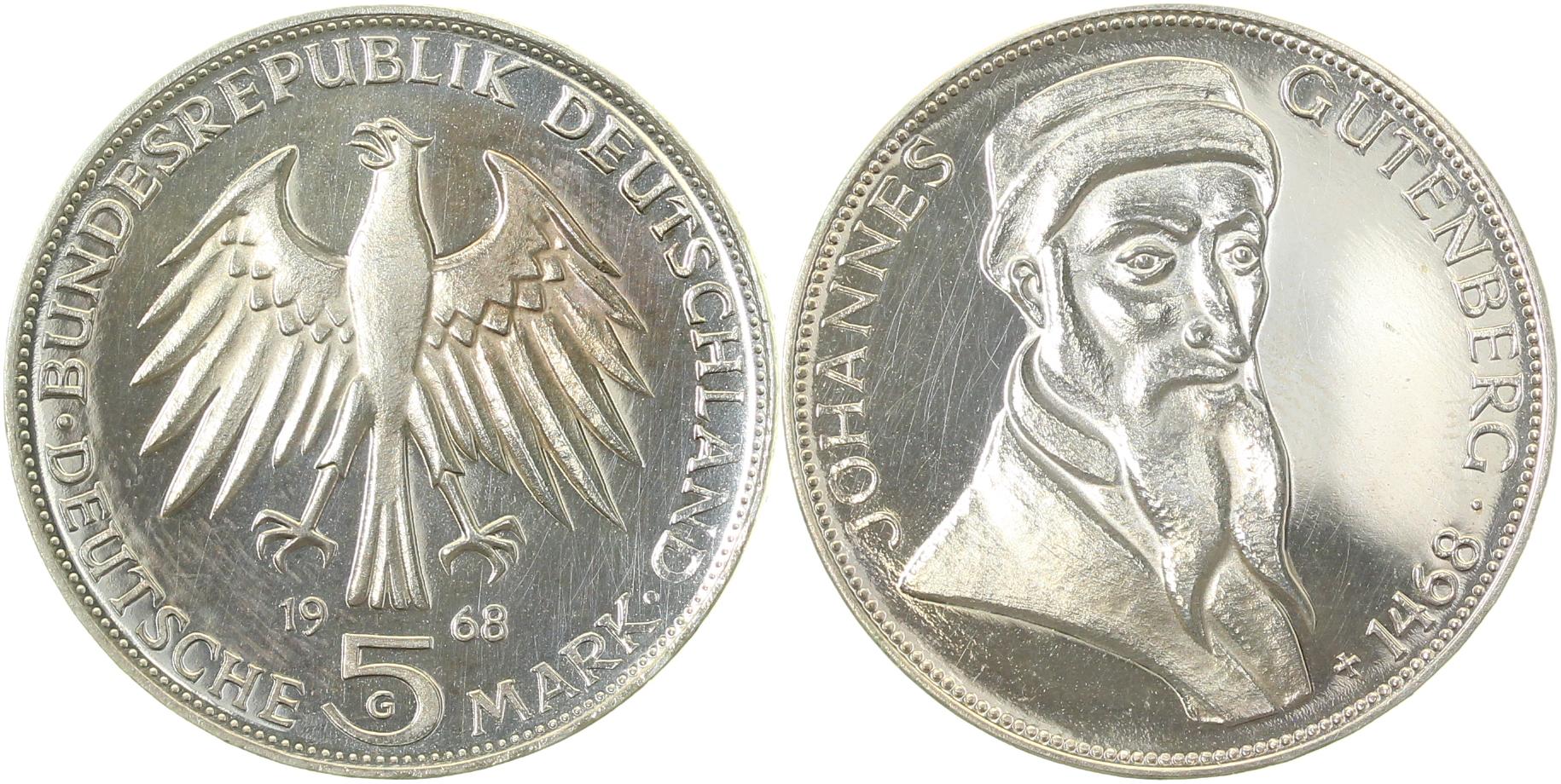 5 DM Gutenberg 1968 G Polierte Platte vollpoliert J397