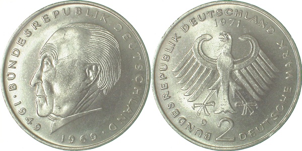 2 DM 1971 D Adenauer bfr/stgl J406 bfr / stgl 2 DM