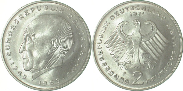 2 DM 1971 F Adenauer bfr/stgl J406 bfr / stgl 2 DM