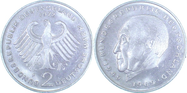 2 DM 1972 F Adenauer bfr/stgl J406 bfr / stgl 2 DM