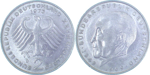2 DM 1973 D Adenauer bfr/stgl J406 bfr / stgl 2 DM
