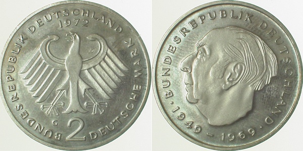 2 DM 1972 G Heuss bfr/stgl J407 bfr / stgl 2 DM