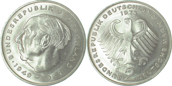 2 DM 1973 D Heuss stgl J407 stgl 2 DM