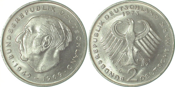2 DM 1973 G Heuss bfr/stgl J407 bfr / stgl 2 DM