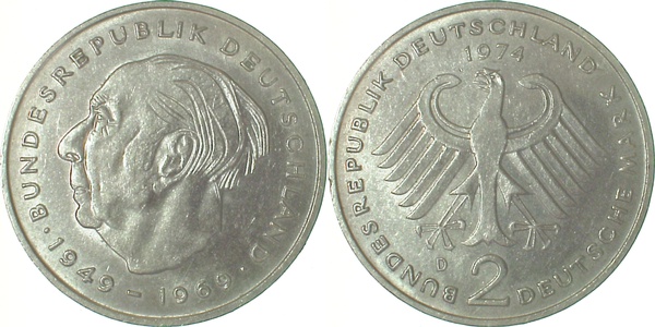 2 DM 1974 D Heuss bfr/stgl J407 bfr / stgl 2 DM