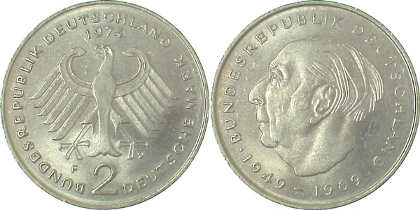2 DM 1974 F Heuss bfr alte Rnds J407 bfr 2 DM