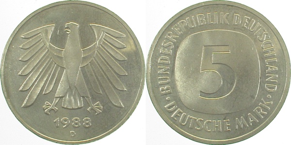 5 DM 1988 D stgl Erstabschlag (Ea)! ! J415 stgl 5 DM
