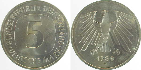 5 DM 1989 D stgl fein Ea J415 stgl