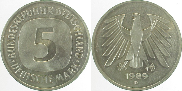 5 DM 1989 D bfr/st Erstabschlag (Ea)! ! J415 bfr / st 5 DM