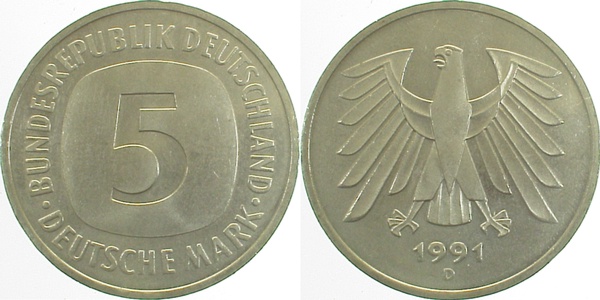 5 DM 1991 D stgl Erstabschlag (Ea)! ! J415 stgl 5 DM