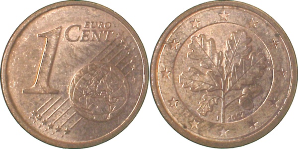 1 Cent Variante 2002 J mit reduziertem Stempel geprägt