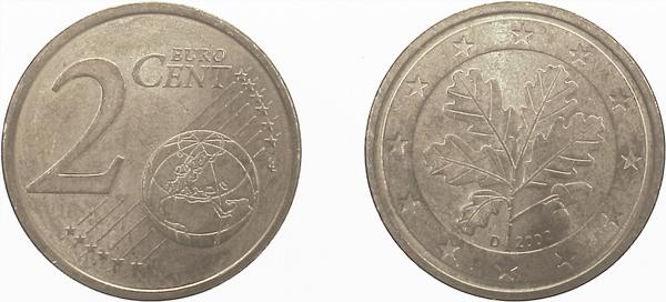 2 Cent Variante mit reduziertem Stempel geprägt 2002 D