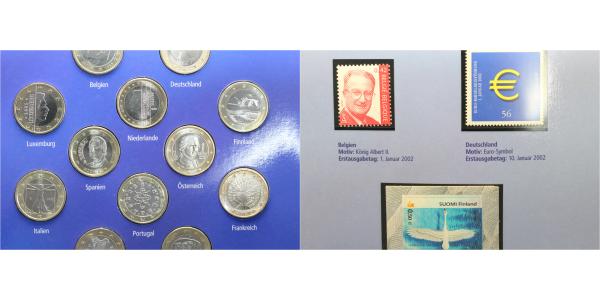 1 Euro 2002 12 x 1 Euro aller 12 Länder und Briefmarken J488 1 Euro