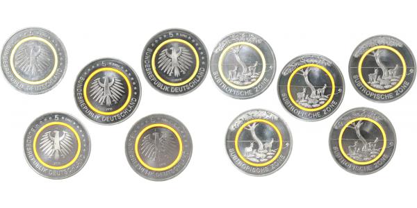 5 Euro Subtr Zone 2018 Münzzeichen A-J stgl 5 St in Kapsel J627 stgl 5 Euro