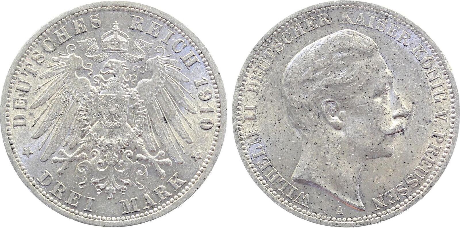 3 Mark Preussen 1910 A vz/stgl minimale Krätzerchen.
