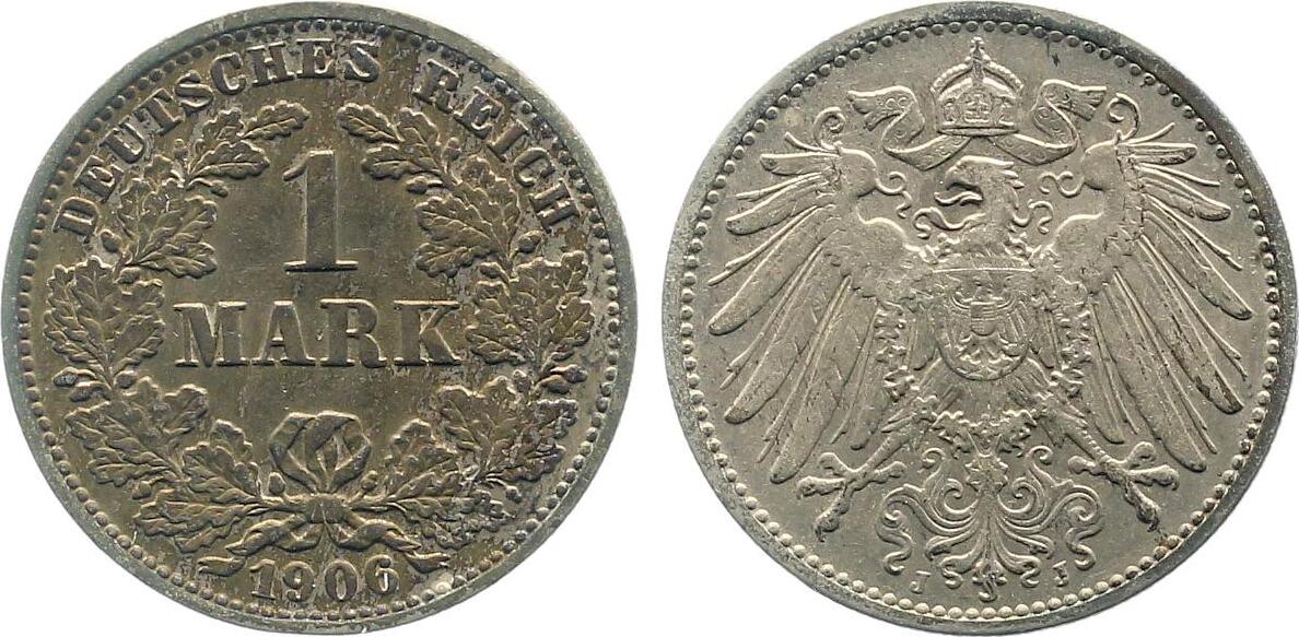 1 Mark 1906 J VZ+ ältere Patina, selten i.d. Erhaltung