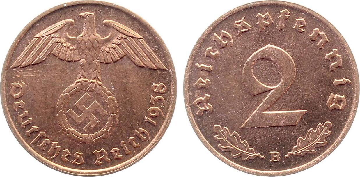 2 Pfennig 1938 B J362 Originalfarbe prfr/stgl