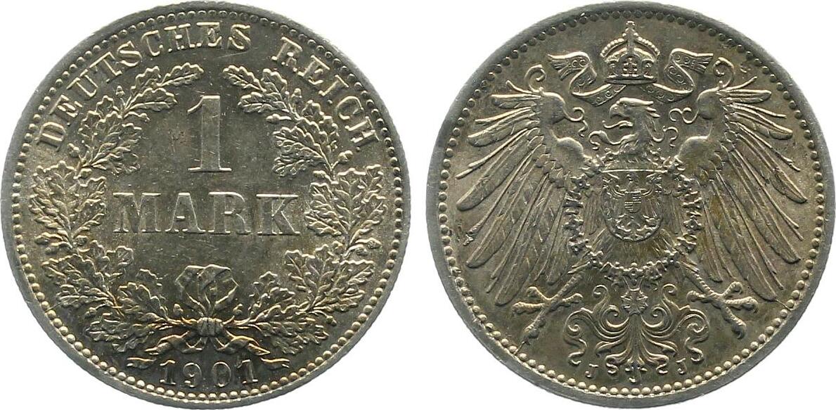 1 Mark 1901 J J017 fast stgl/f.prfr leichte goldene Patina