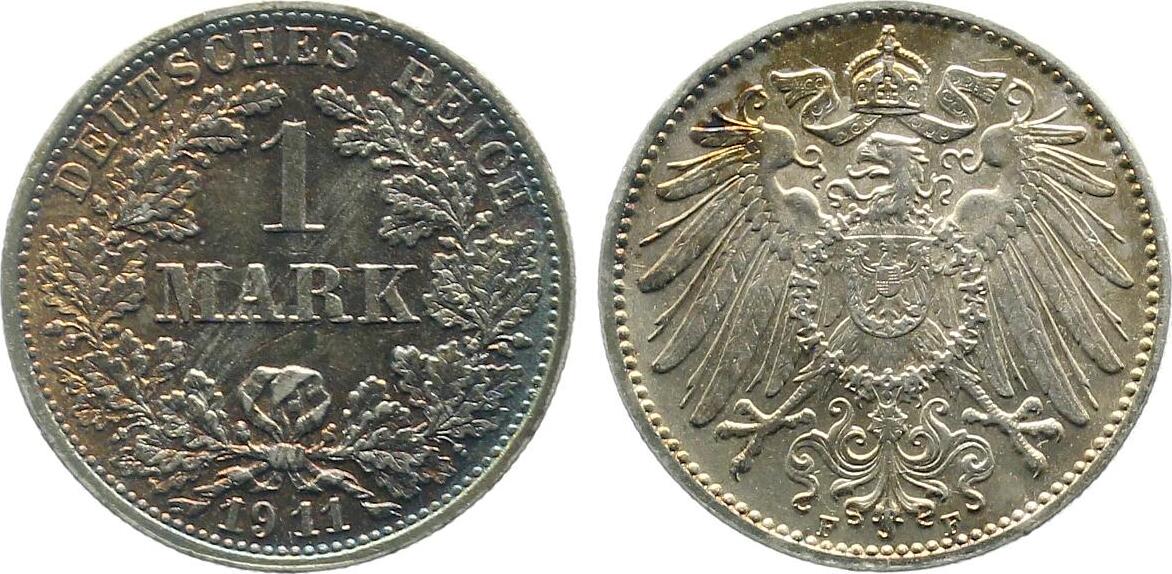 1 Mark 1911 F J017 Regenbogenpatina !!! TOP