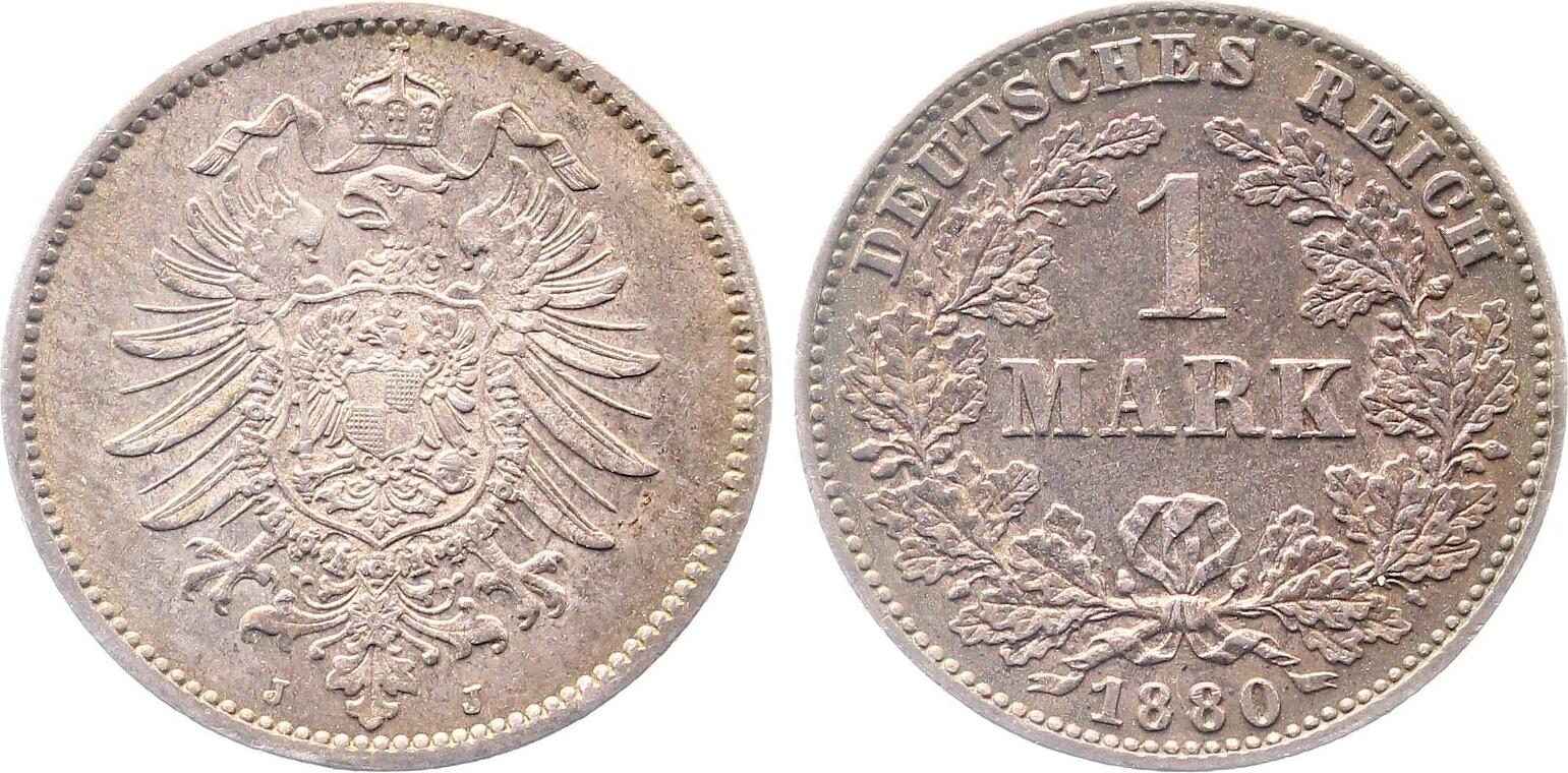 1 Mark 1880 J vorzüglich/stempelglanz, schöne Patina