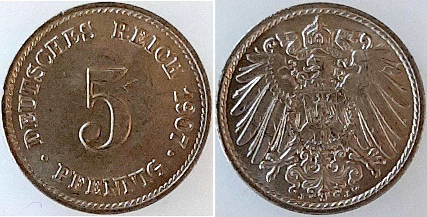 5 Pfennig 1907 J stempelglanz selten