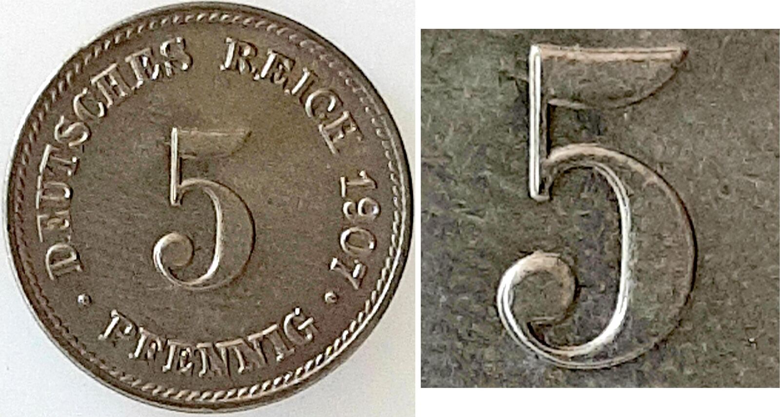 5 Pfennig 1907 J prfr/stgl. Wertzahl deutlich doppelt