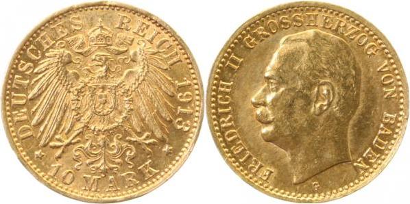 10 Mark Friedrich II Baden 1913 G prfr / stgl TOP selten