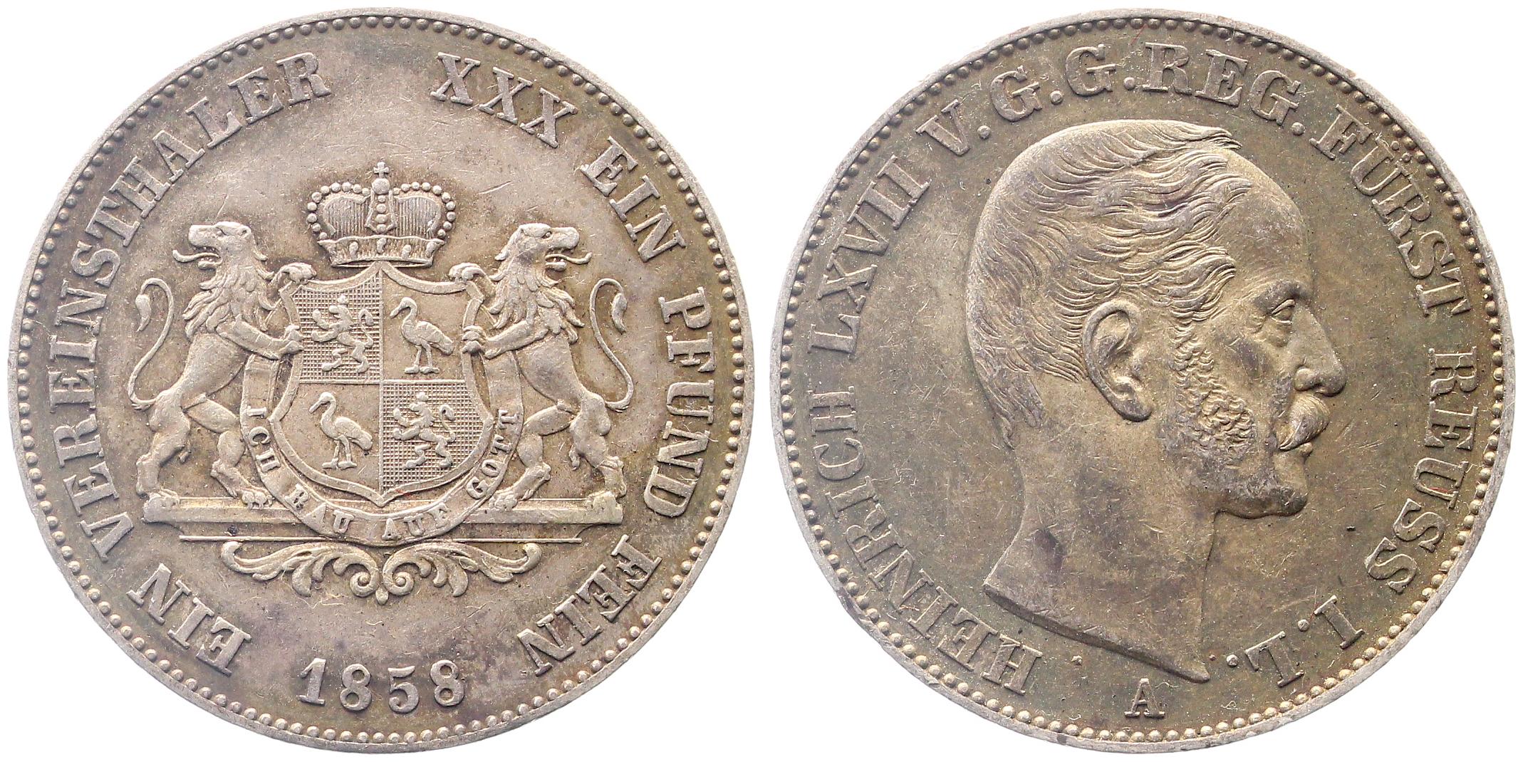 Vereinstaler Reuss Schleiz Jüngere Linie 1858 Kahnt 408