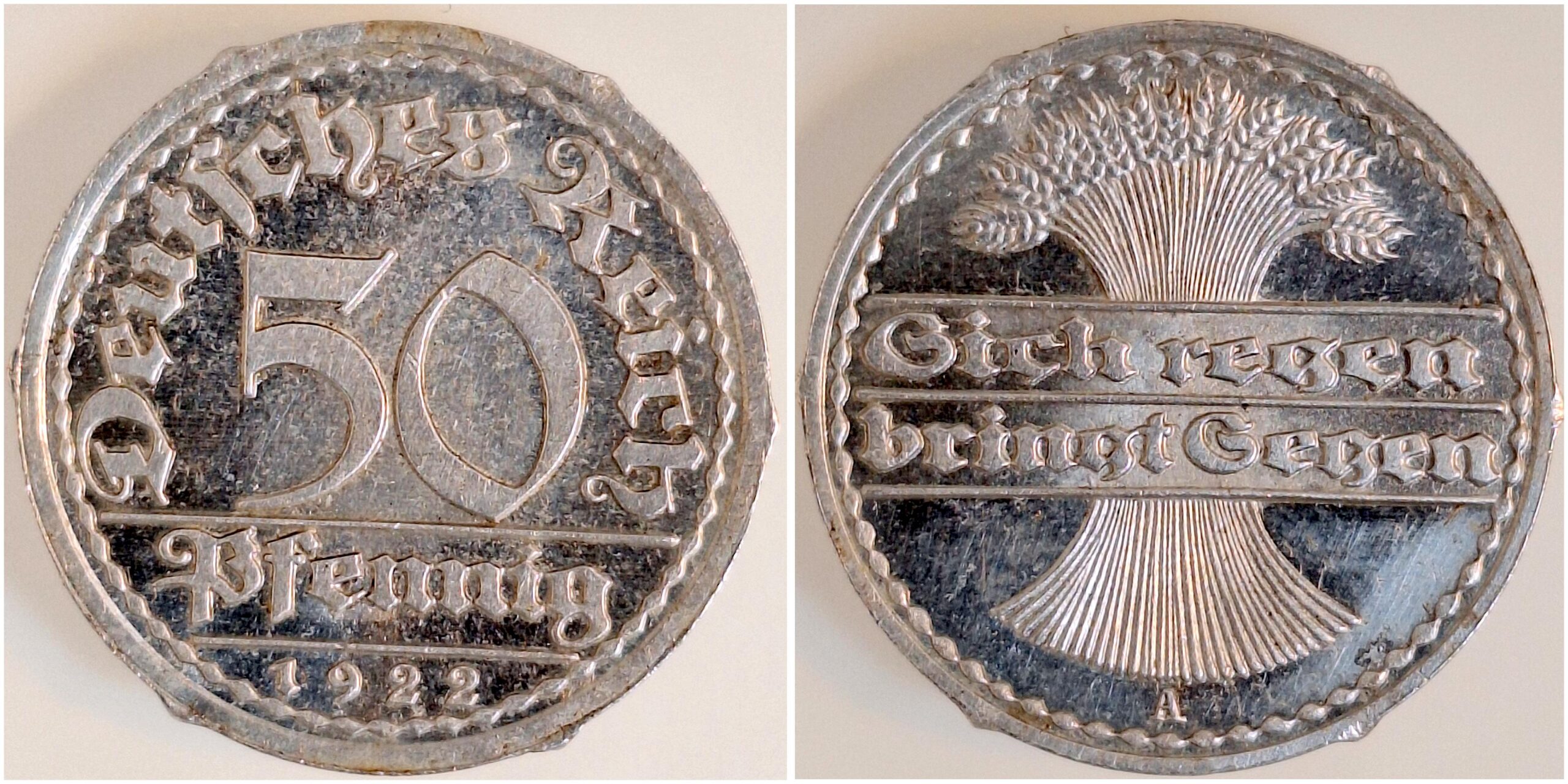 Probe 50 Pfennig 1922 A mit 6 Erhöhungen am Rand J301