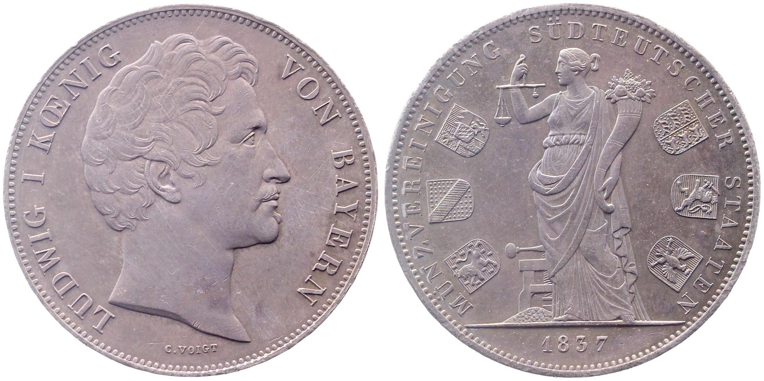 Doppeltaler 1837 MünzvereinigungBayern vz/stgl EA