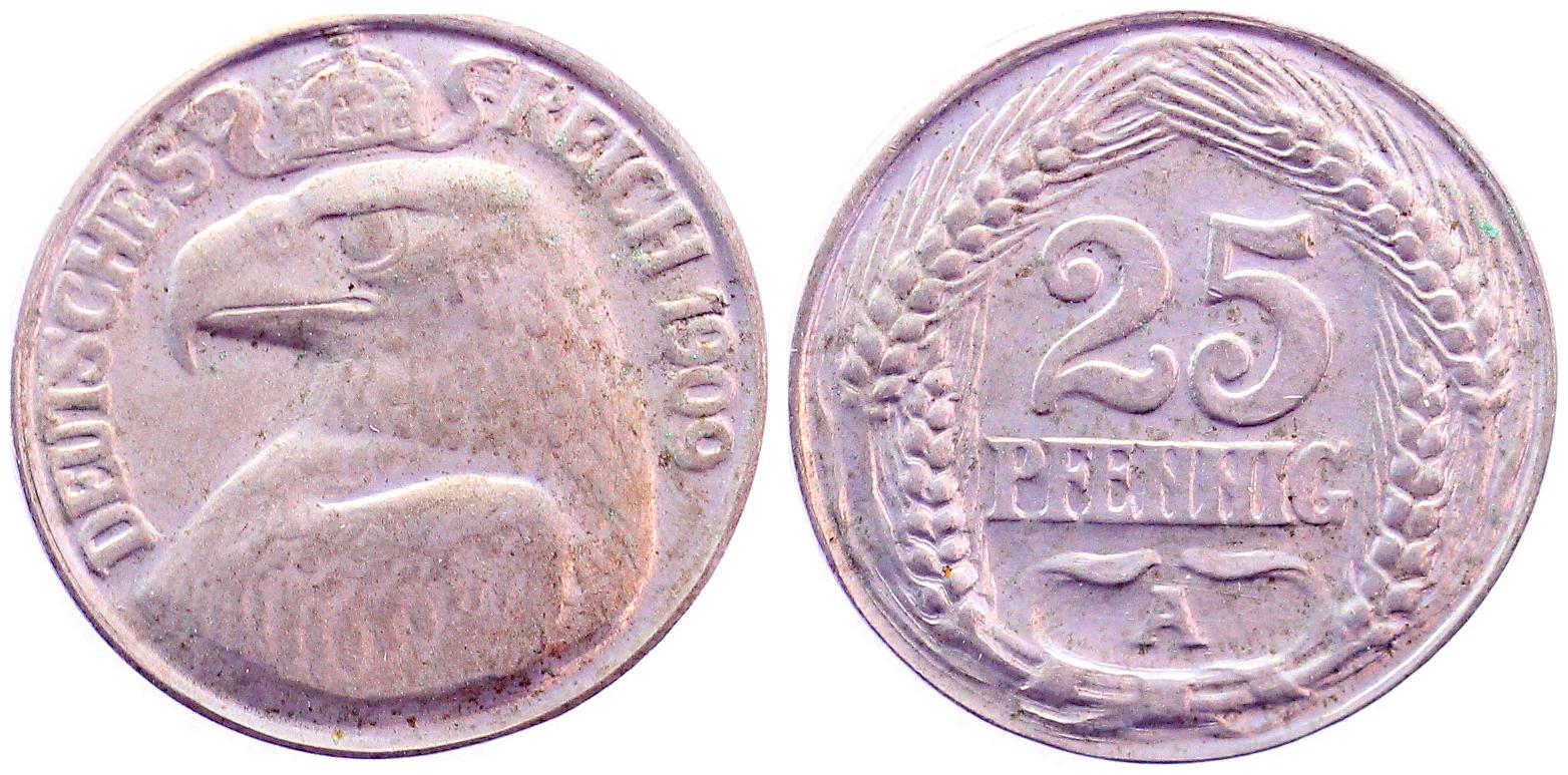 Probe 25 Pfennig 1909 A Cu/Ni versilbert selten!