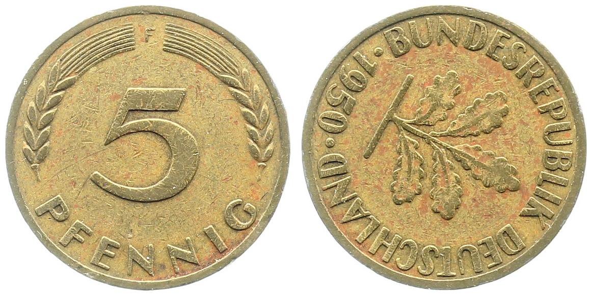 5 Pfennig 1950 F Stempeldrehung SS/VZ S120°