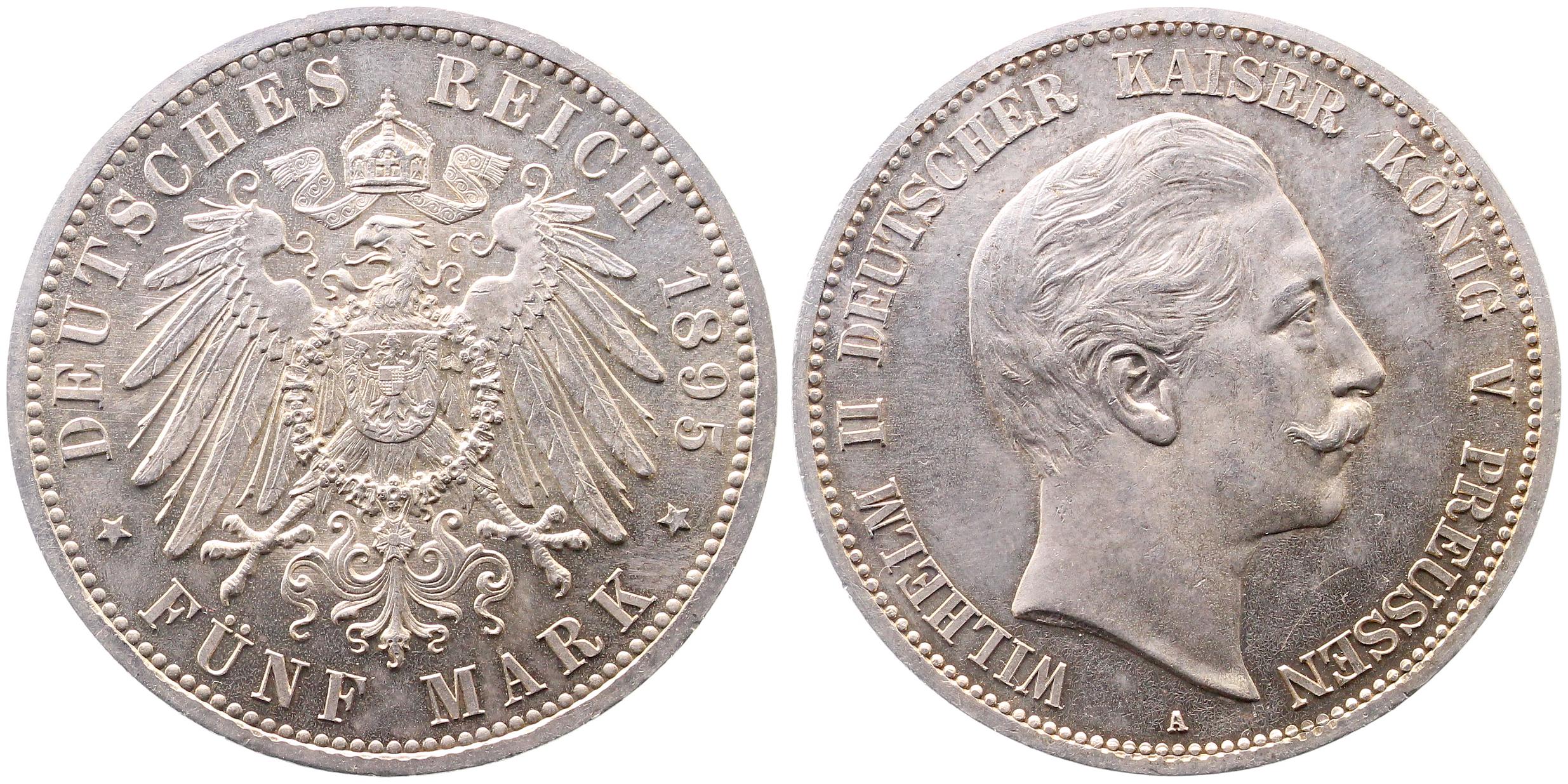 5 Mark Wilhelm II Preussen 1895 A J104 ein herrliches Stück