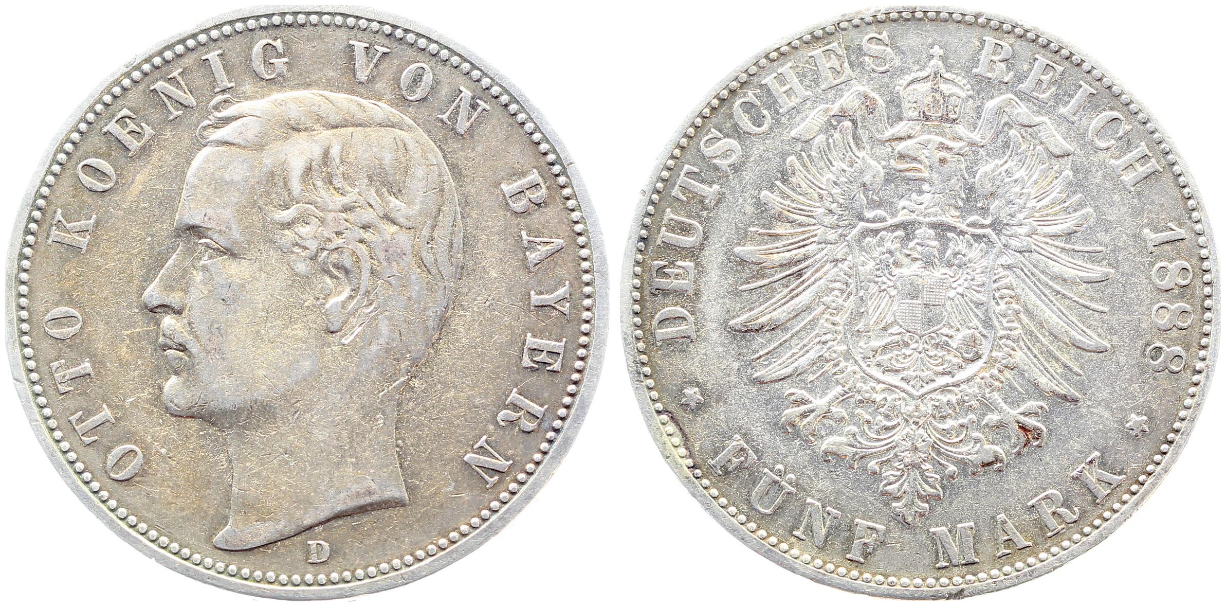 5 Mark 1888 D Otto Bayern fast vorzüglich leicht Patina J44