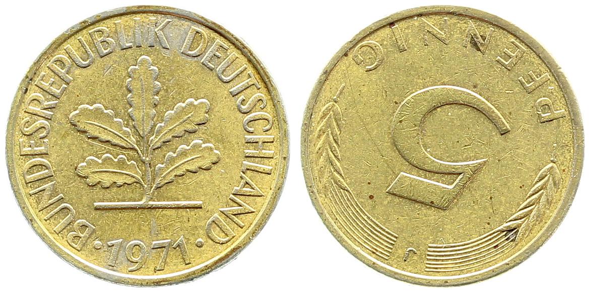 5 Pfennig 1971 J Stempeldrehung ca. S210 SS/VZ