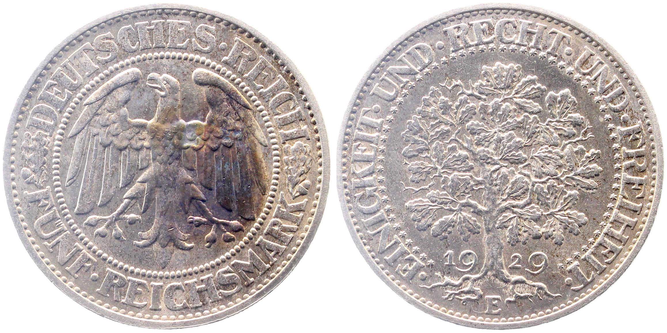 5 Reichsmark Eichbaum 1929 E, prfr/stgl TOP J31 Patina