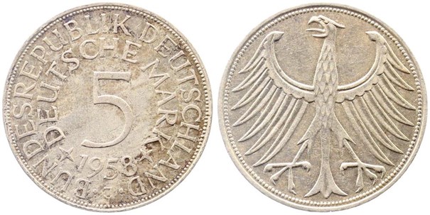 5 DM 1958 J vz-, Wertseite minimal berieben J387