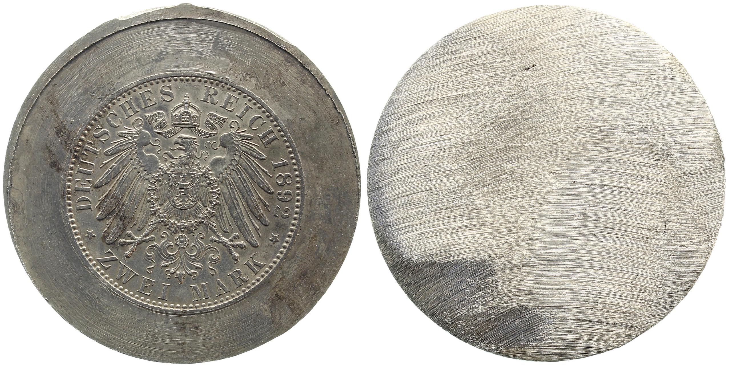 Probe einseitiger Stahlabschlag 2 Mark 1892 Adlerseite