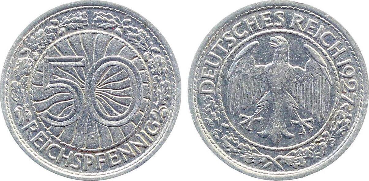 50 Reichspfennig 1927 E J324 vz/stgl min. Randfehlerchen