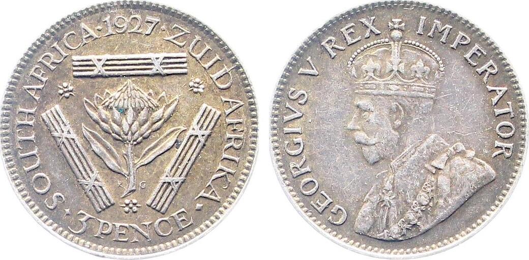 3 Pence Süd Afrika 1927 fast prägefrsich, hübsche Patina