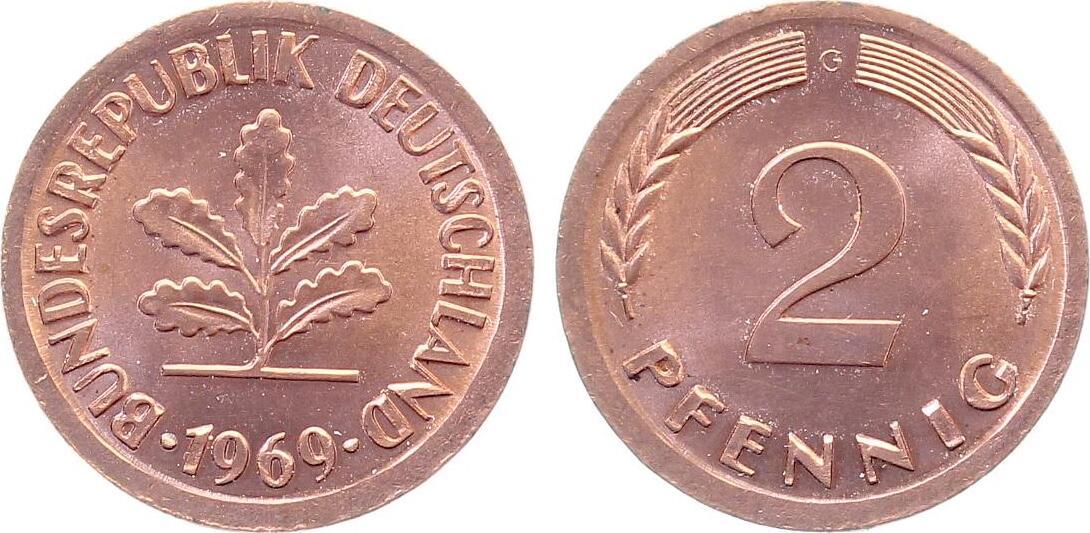 2 Pfennig 1969 G ohne Ring geprägt, selten aus Sammlung Porth